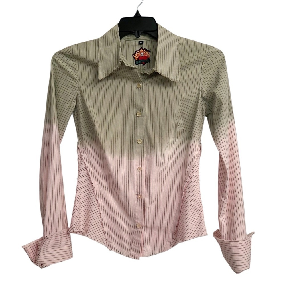 90’s Y2K Love Junkie Pinstripe Pink Green Shirt Rhinestone Crown Appliqué Medium - Picture 2 of 7